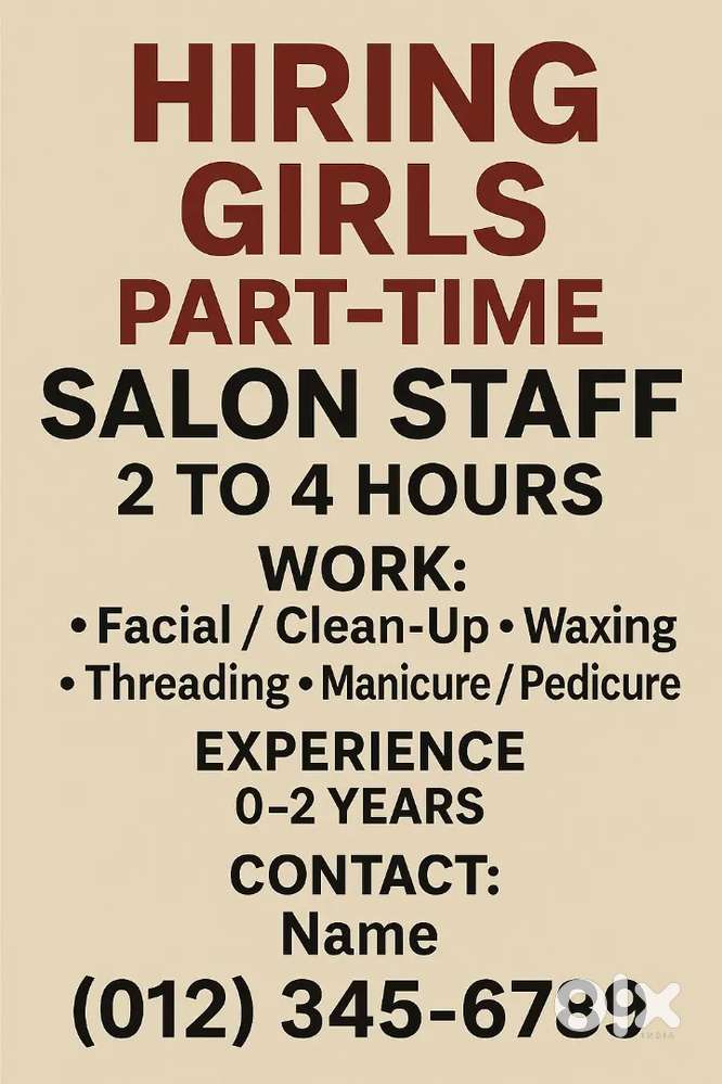 PARLOUR GIRL Staff Required:- Urgent