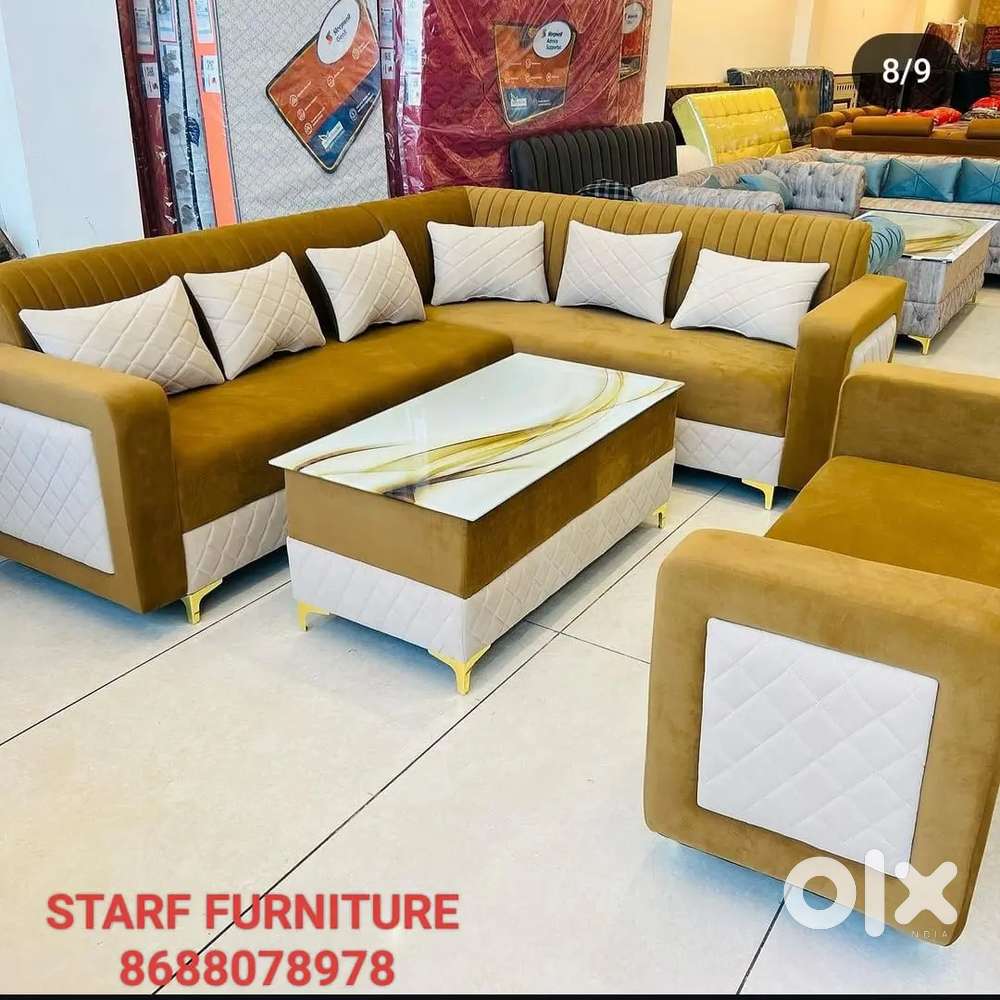 L shape sofa set with beautiful colour combination and pillows