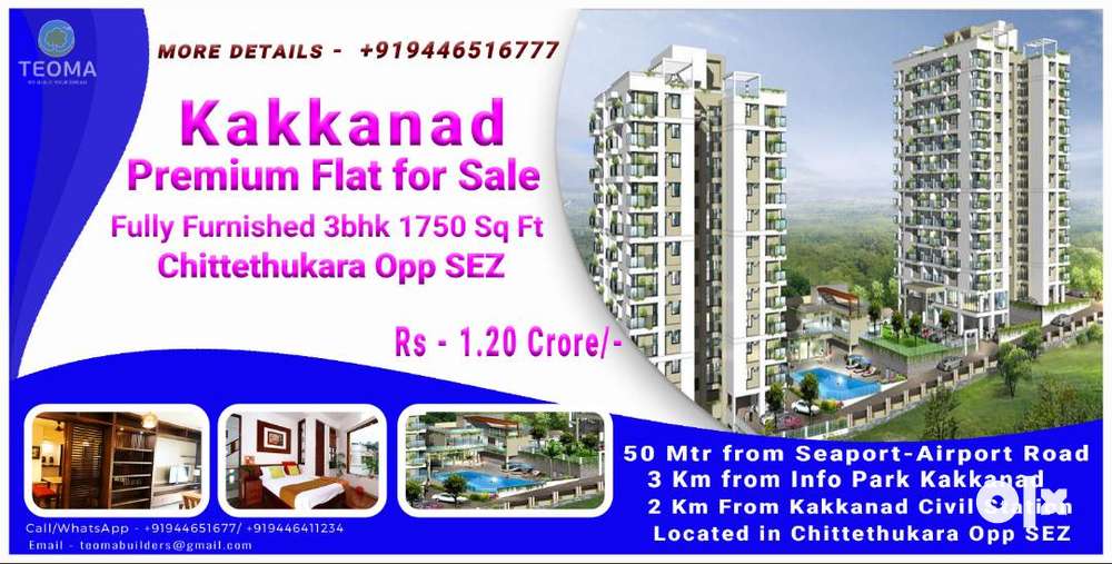 3 Bhk Fully Furnished Flat For Sale Near chittethukara  Rs –1.20 Crore