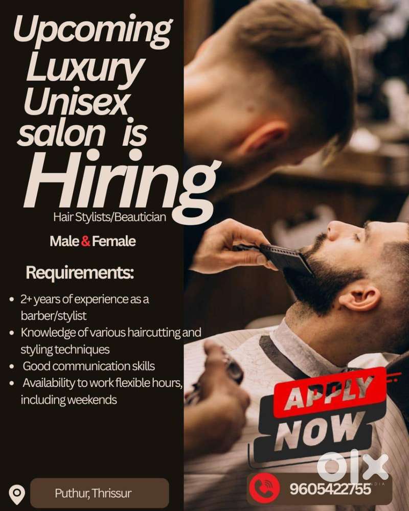 Luxury unisex salon is hiring skilled hairstylist & beautician