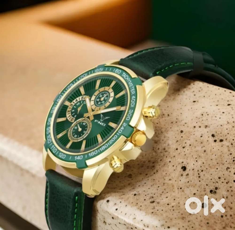 FNB Luxury Gold & Green Analog Watch for Men – Premium Leather Strap
