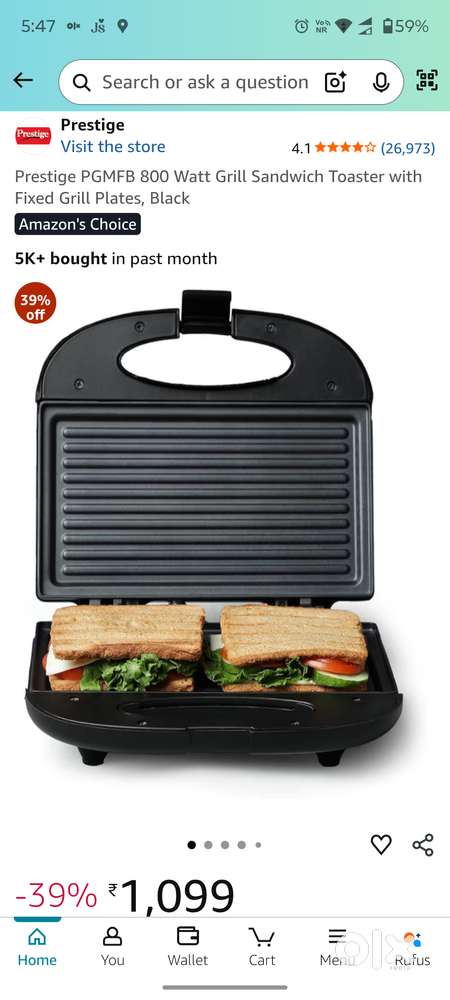 Prestige PGMFB 800 Watt Grill Sandwich Toaster with Fixed Grill Plates