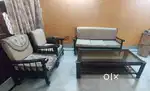 5-Seater Sheesham Wood Sofa Set with Glass Center Table & Side Stools