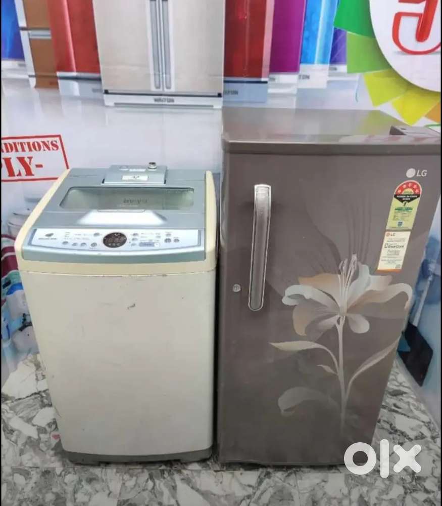 LG single door grey colour fridge Samsung top load washing machine