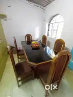 6-Seater Solid Wooden(पूर्ण साग)Dining Table, Glass Top–Good Condition