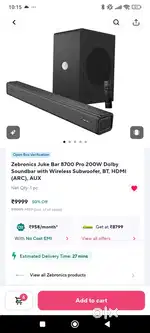 Zebronics Juke Bar 8700 Pro 200W Dolby Soundbar with Wireless Subwofer