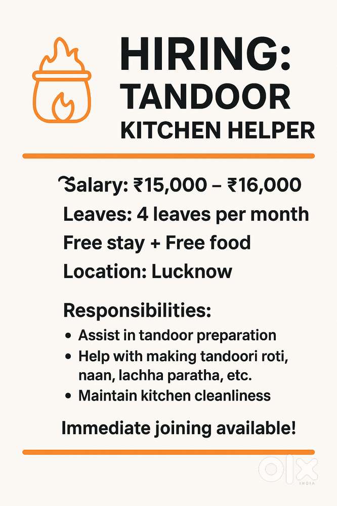 ️ Hiring: Tandoor Kitchen Helper ️