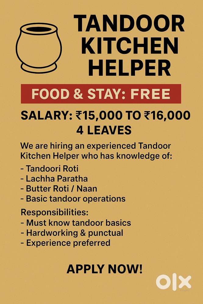 Tandoor Kitchen Helper Required ️