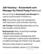 Manager cum accountant required at petrol pump in puthencruze.