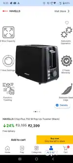 Havells crisp plus 750watt pop up toaster