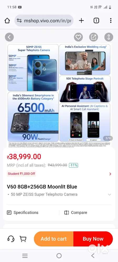 VIVO V60 8/256 gb 10 din only used with insurance hai