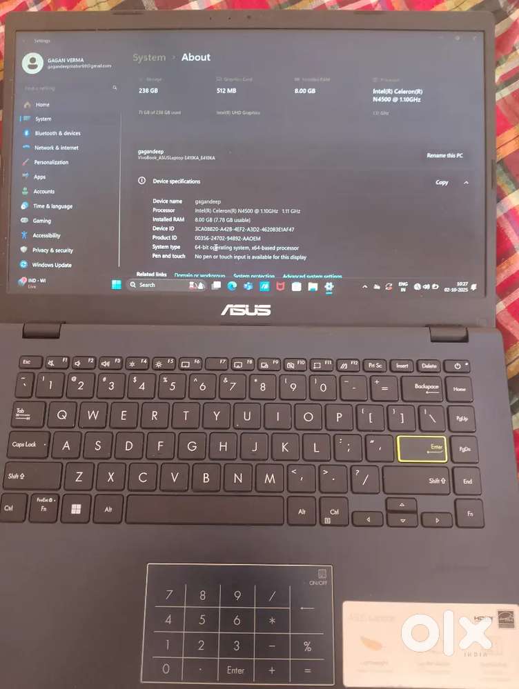 Asus Vivobook 238 GB storage and 8 GB Ram A1 Condition with Charger