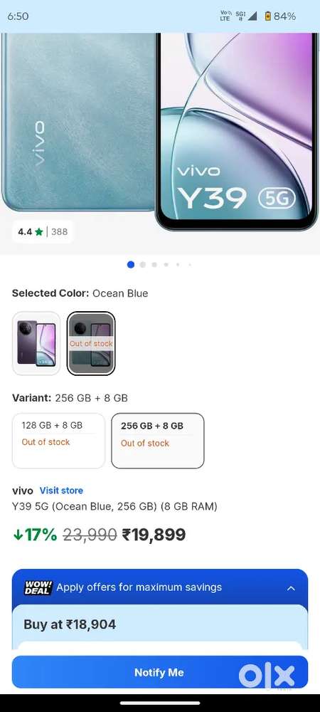 Vivo y39 5g 8/128 gb new condition