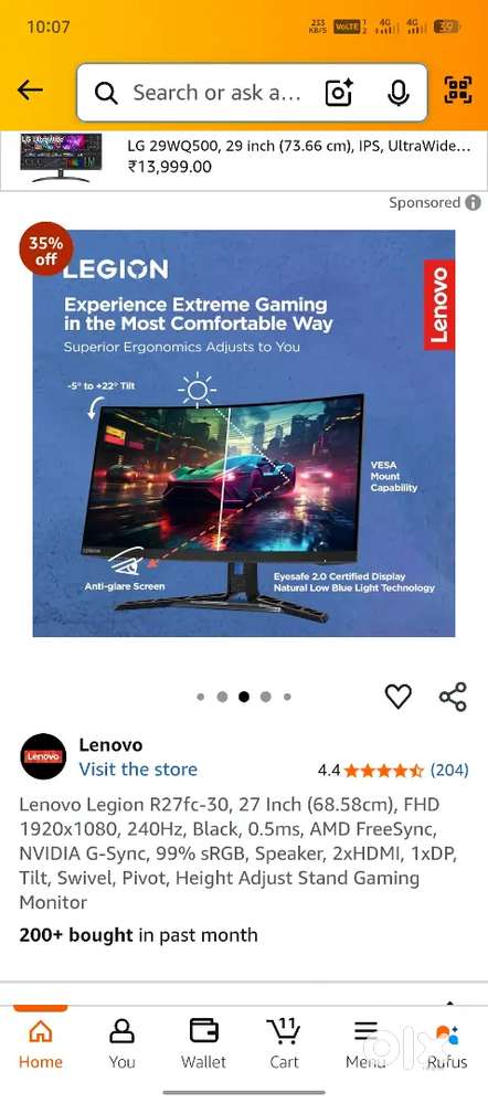 Lenovo legion r27fc curved monitor (27inch)