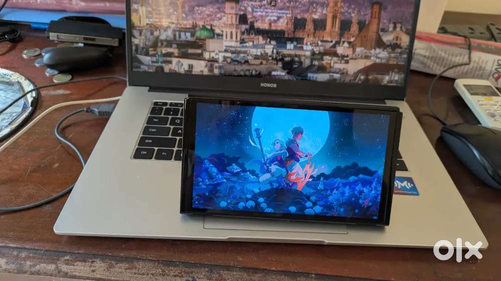 Nintendo Switch OLED Neon Red/Blue with Spigen rugged armour pro