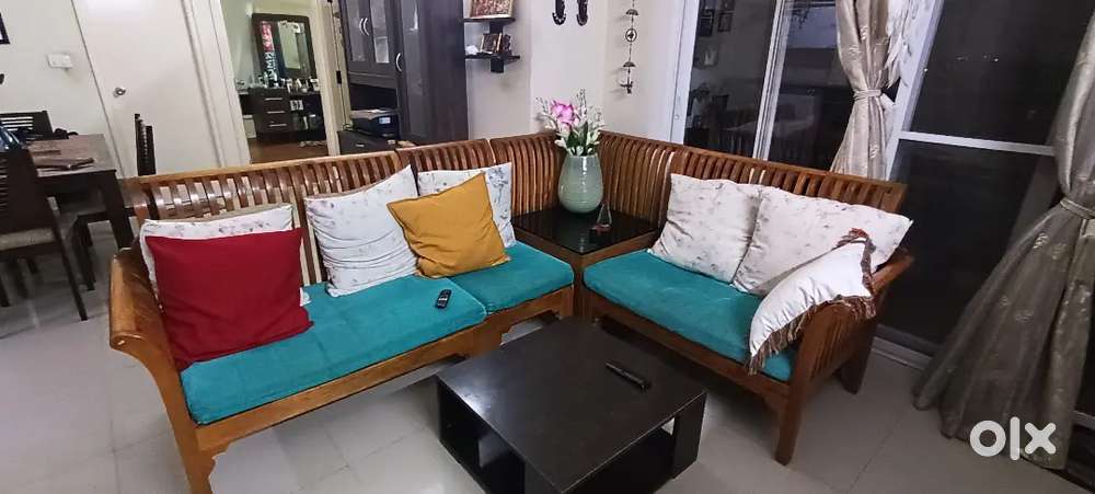 L shaped teak wood sofa