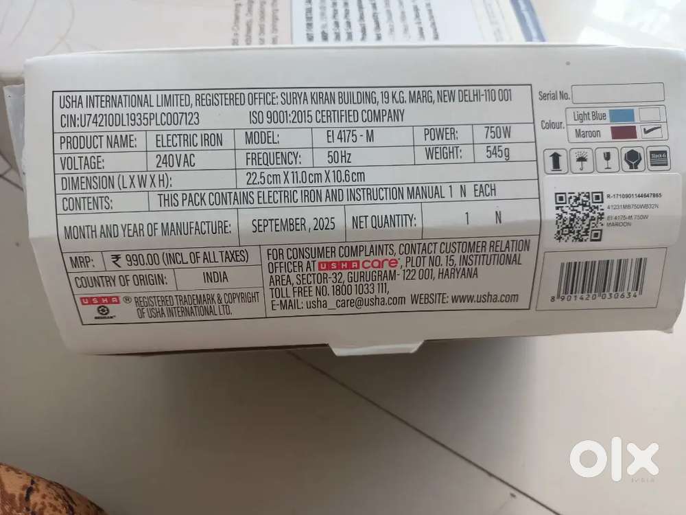 USHA Company Iron Unused new iron with warranty card manufacturing