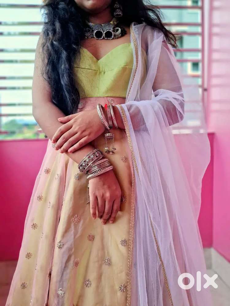 Ethinc pista green and pale pink lehenga set