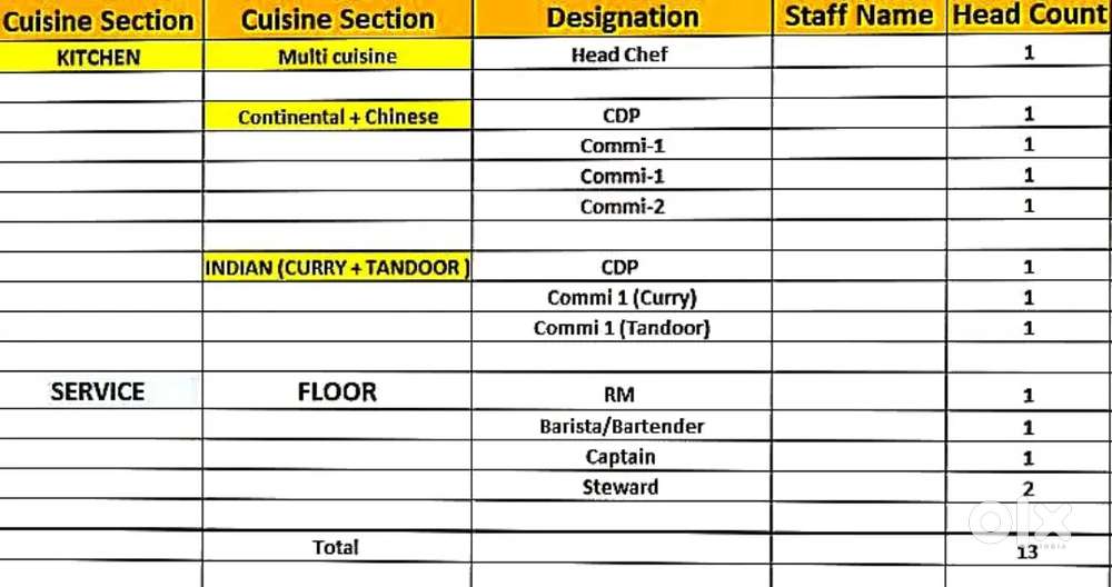 Required chef commi steward for Multicusine restaurant in salem