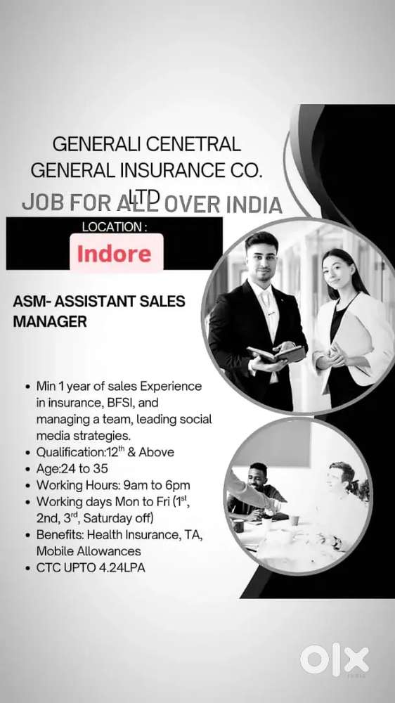 Indore/Health insurance/ASM- CTC upto 4.24 Lpa/1yrexp field sales exp
