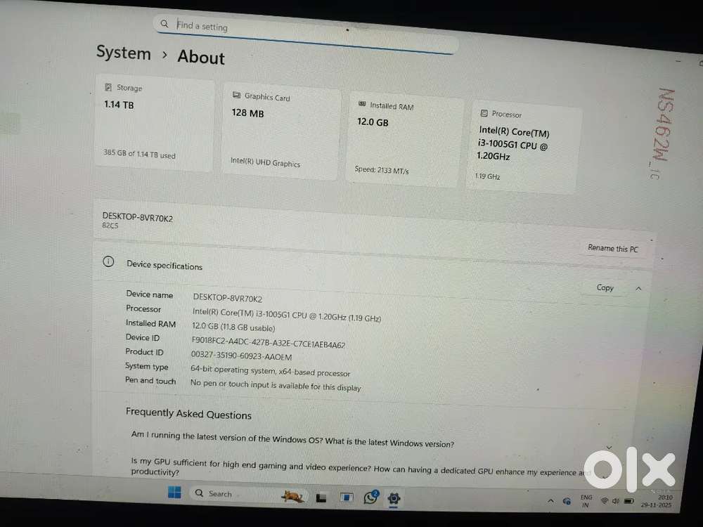 Lenovo laptop i3 10 Gen 12 gb ram 256nvme + 1 TB HDD windows 11