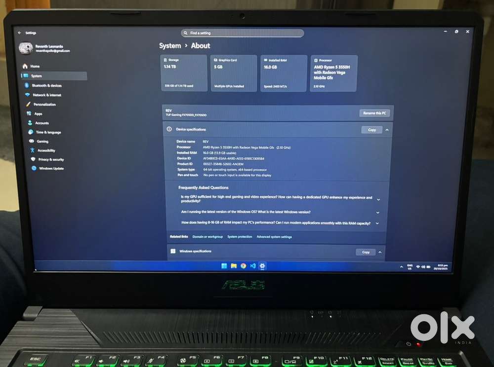 ASUS TUF Gaming 16GB RAM SSD GTX 1050 - ₹40,000 (Negotiable)
