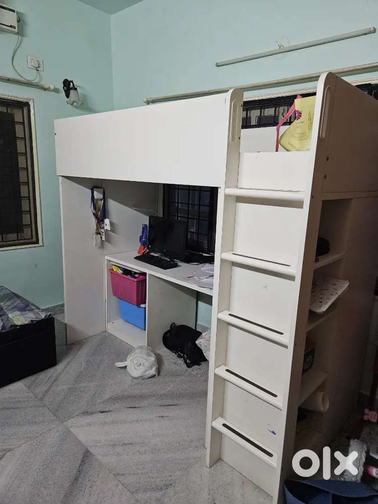 white kids bed from ikea for children upto 12 years with study table