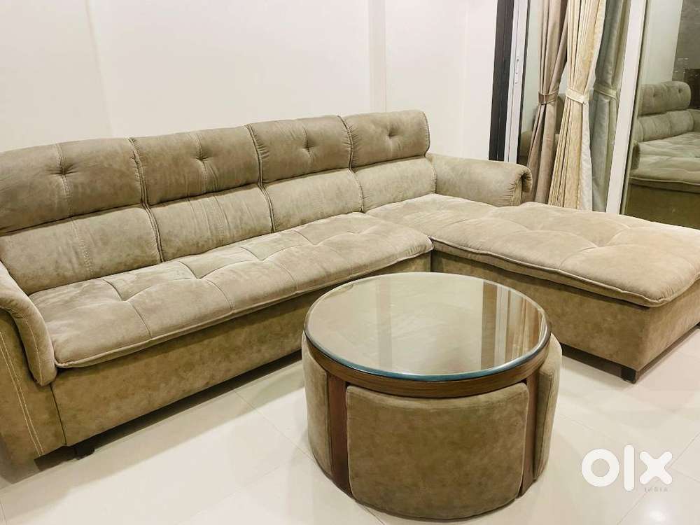 Premium L-Shaped Sofa with Round Glass Center Table & 4 Cushions