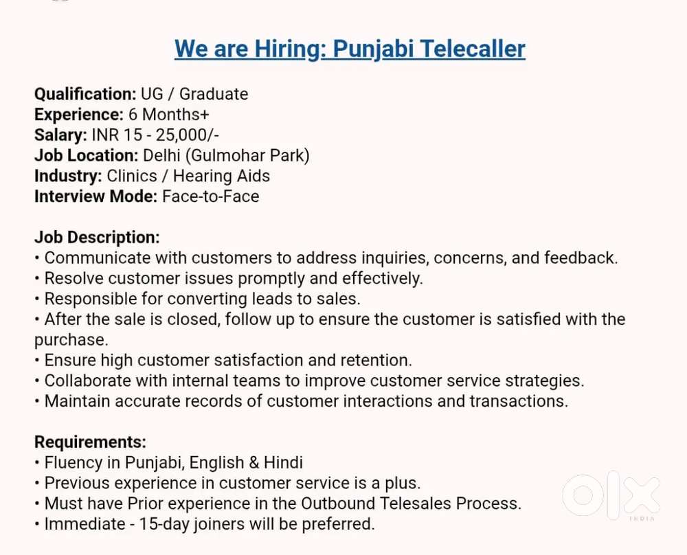 Hiring for Punjabi Telecaller