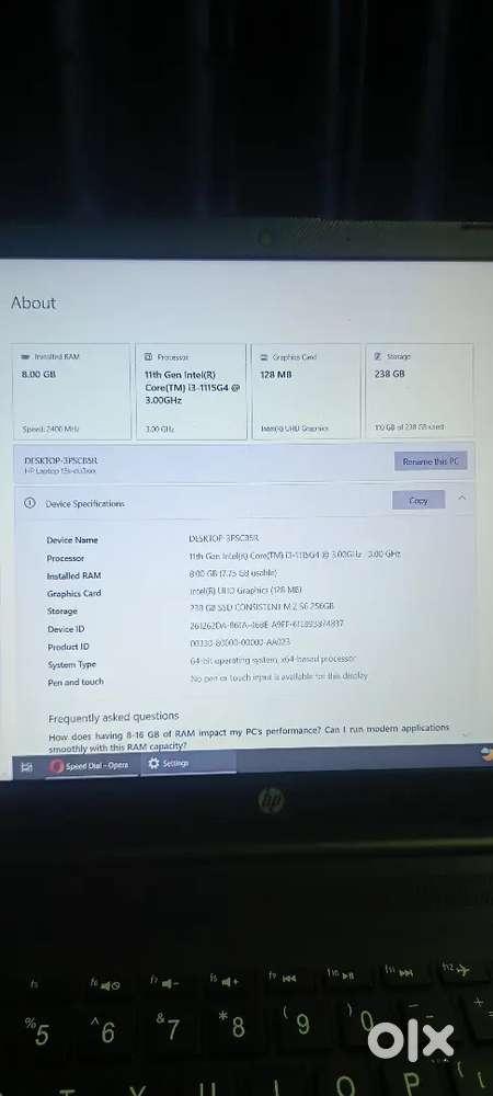Hp laptop 8 Gb RAM 11 Gen