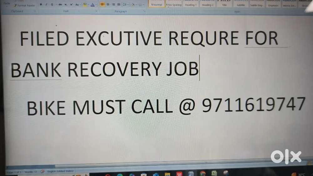FIELD EXCUTIVE REQUIRE FOR BANK RECOVERY JOB