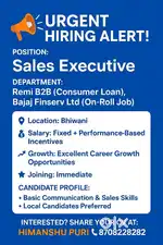 Urgent Hiring Alert We are hiring for the position of Sales Executive