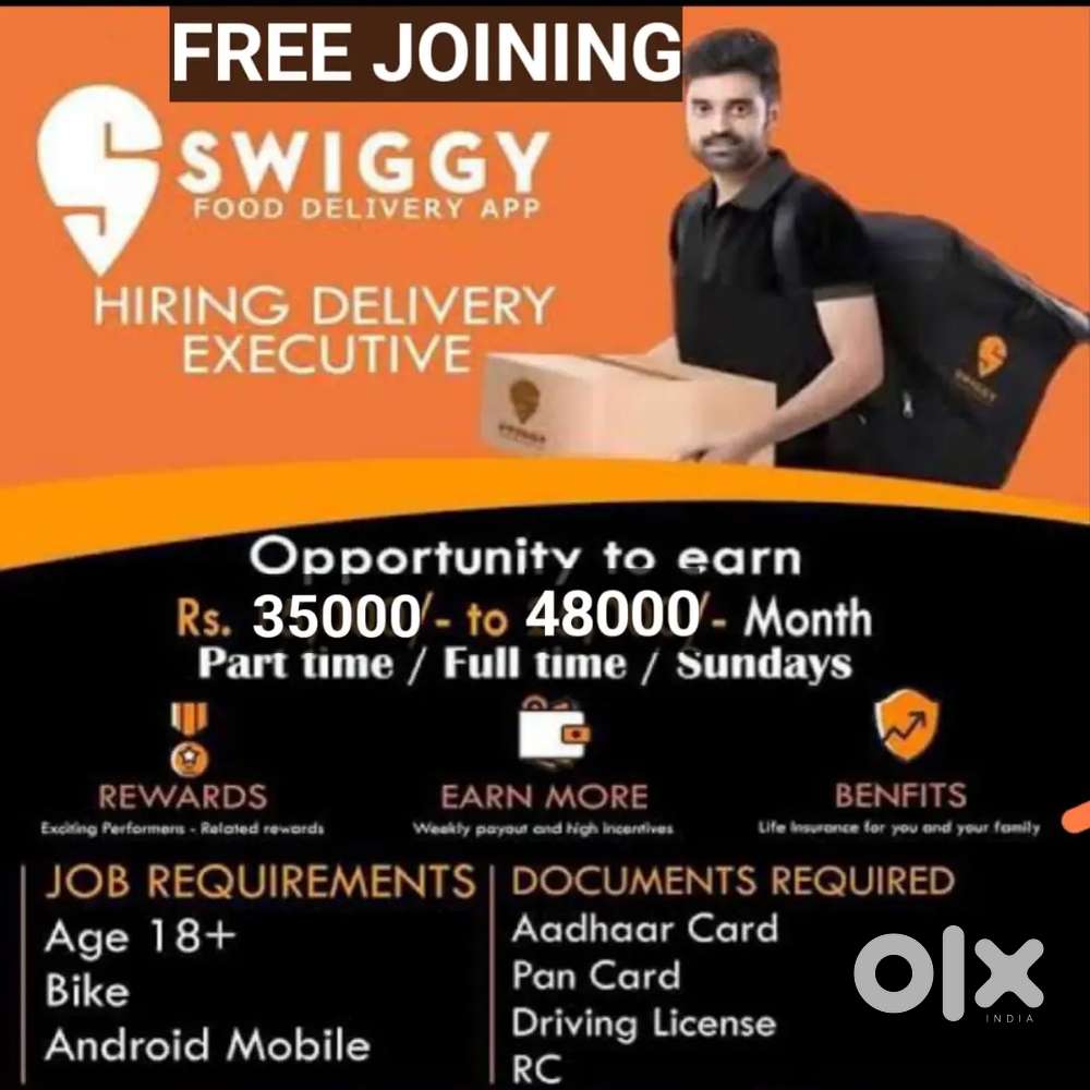 FREE JOINING 100 Delivery boys Swiggy Food Delivery jobs