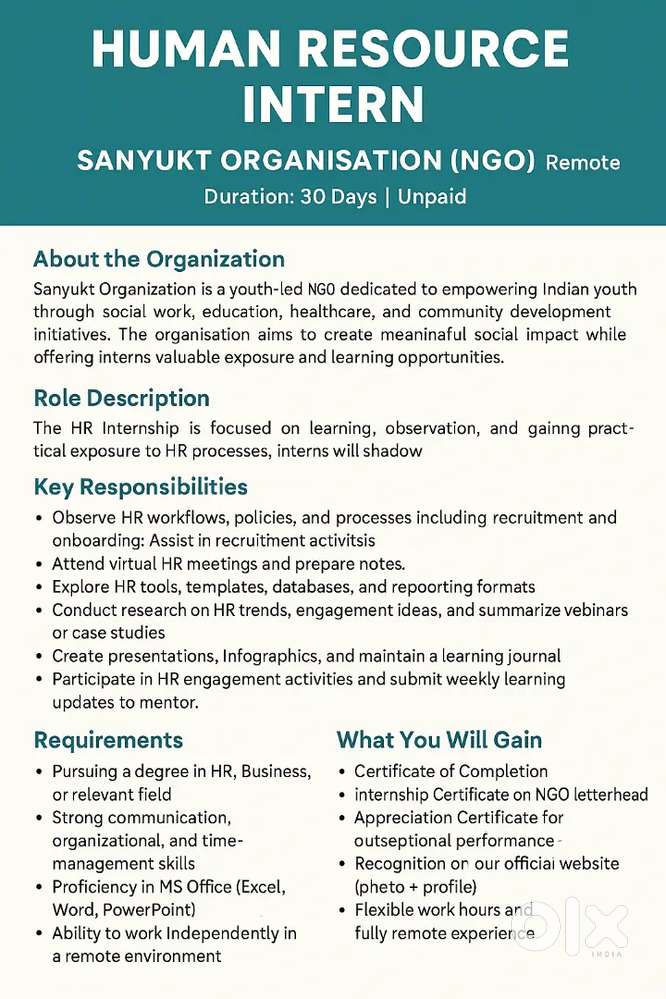 HUMAN RESOURCE INTERN

SANYUKT ORGANISATION (NGO)

Remote