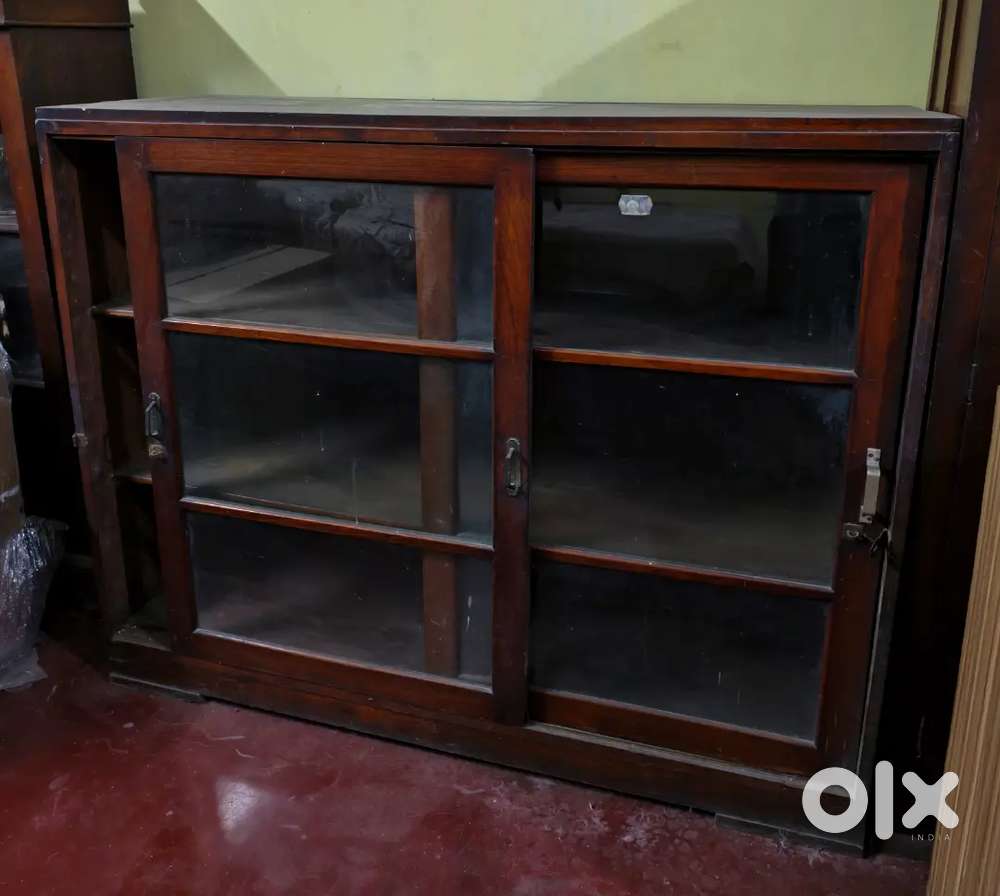 Vintage Solid Teak Glass Display Cabinet with Sliding Doors