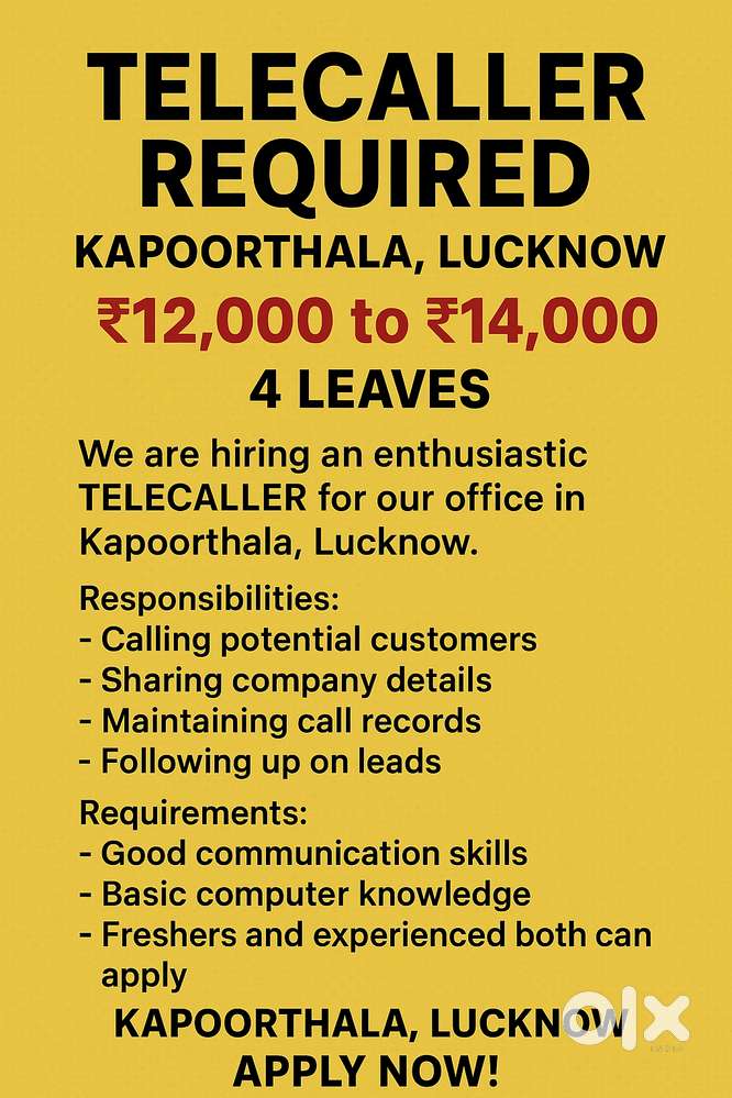 Telecaller Required – Kapoorthala, Lucknow