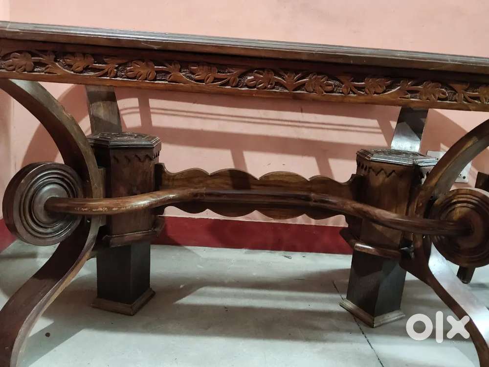 Dining Table with Carved Details and Glass Top - Seats 6