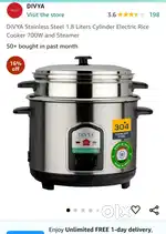 DIVYA Stainless Steel 1.8 Liters Cylinder Electric Rice Cooker 700