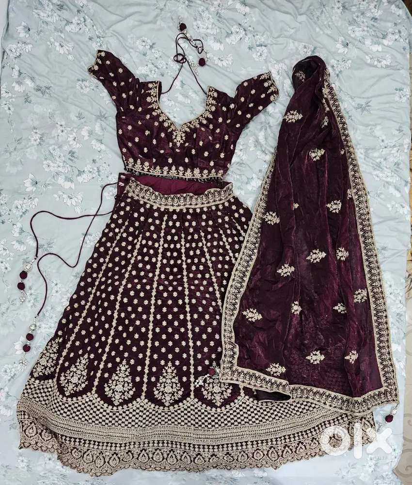 Maroon/Dark Wine/Burgundy Velvet Heavy Embroidered Lehenga (Size L)