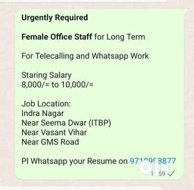 Urgently Required Female Office StaffFor Telecalling and Whatsapp WorkSalary As Per Skills and Exper...