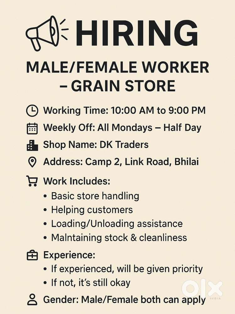 Hiring: Male/Female Worker – Grain Store
