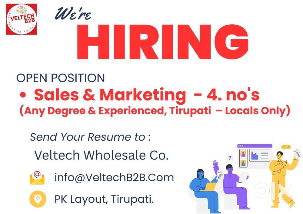 Wanted Sales and Marketing Staff at Tirupati.