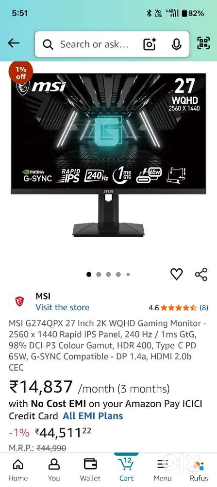 MSI Gaming Monitor 27 WQHD 2560 x 1440 IPS Panel, 240 Hz