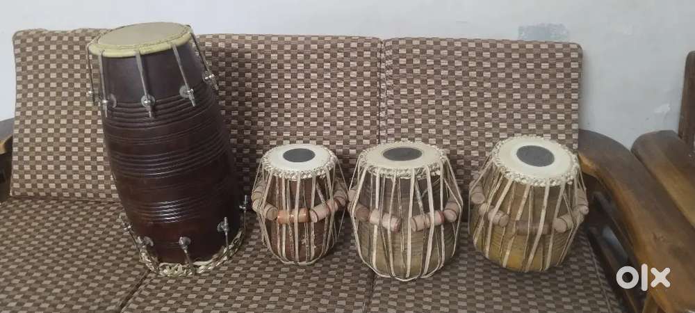 Dholak + 3 Tabla Drums  Jackfruit Wood  Excellent Condition