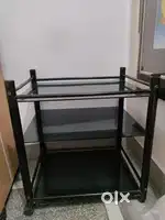 Black Glass TV Stand with Wheels – Sturdy & Compact