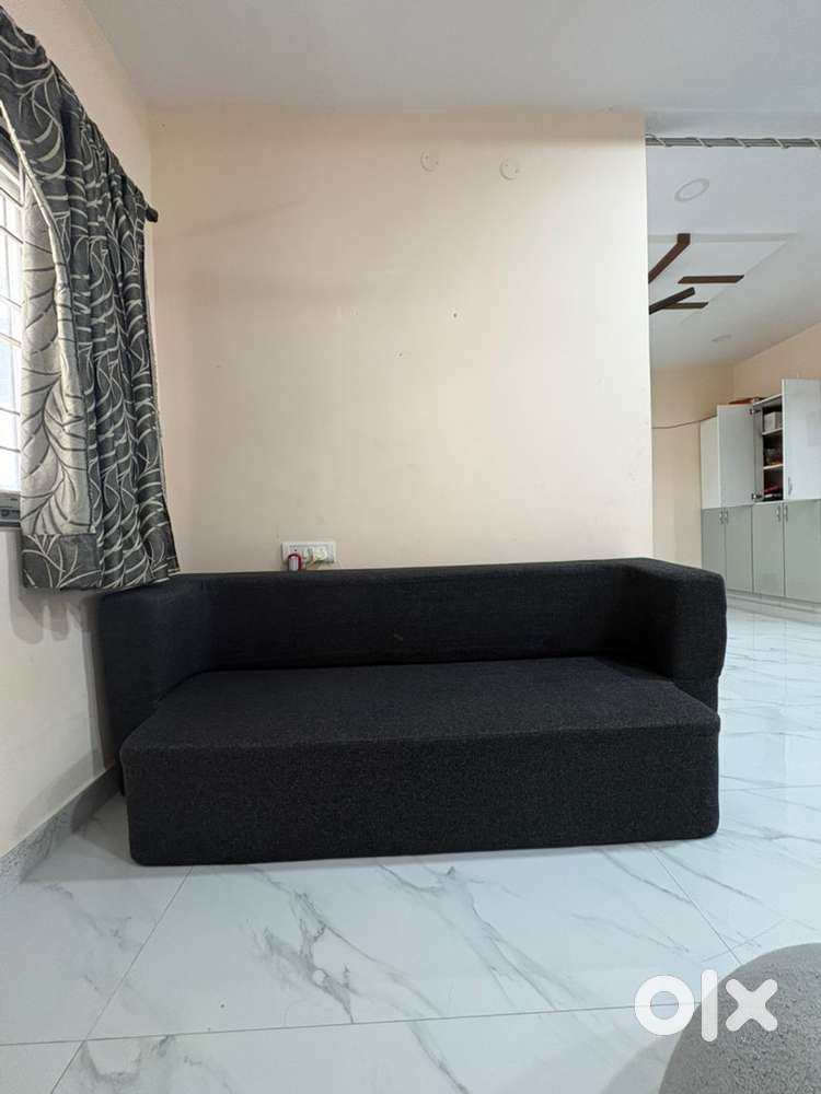 Sofa Cum Bed - 3 Seater, Plain Cushion ( Jute Fabric, Dark Grey )