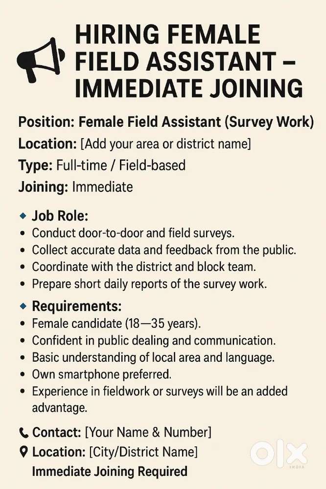 Required “Hiring Field Assistant – Immediate Joining