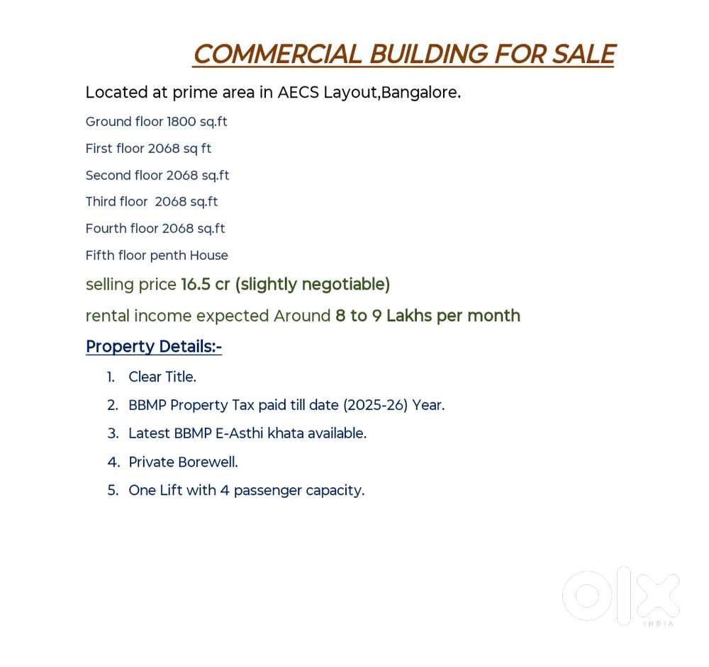 Selling a commercial building of G+4 floors at aecs layout