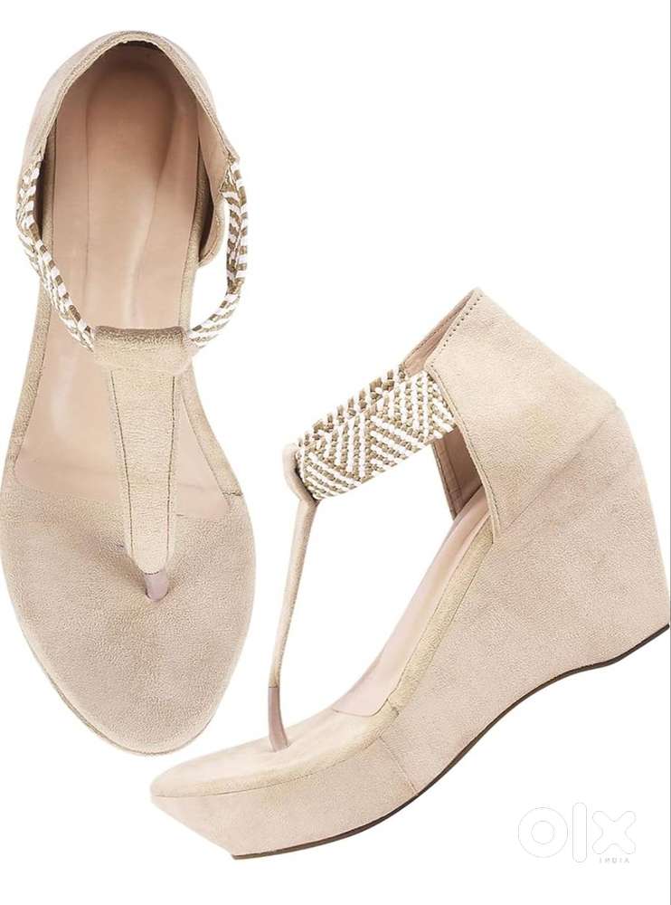 Elegant T-Strap Wedge Sandals – Beige with Embellished Detailing