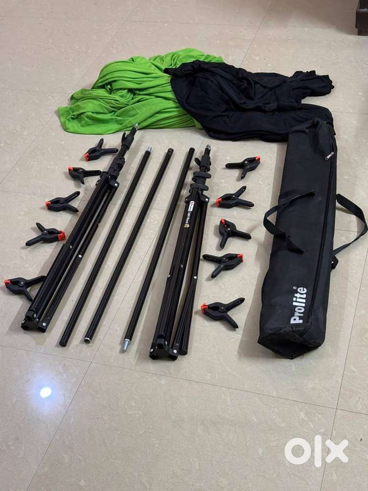 Photography Backdrop Stand + Green Screen + Black Cloth + Clamps (9x9)
